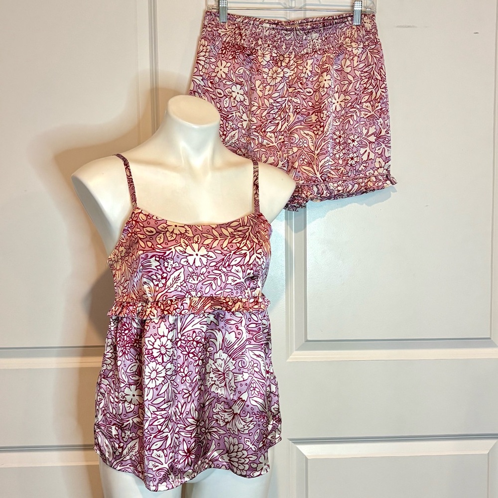 Rachel Ashwell Satin Floral Ruffle Trim Cami Shorts Pajama Set S